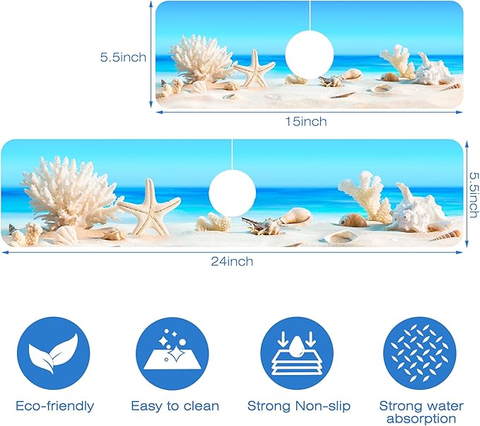 Tropical Beach Seashells Kitchen Sink Splash Guard Absorbent Fast Drying Mat Faucet Draining Mat Behind Faucet Drip Catcher for Kitchen Bathroom 5.5"15"