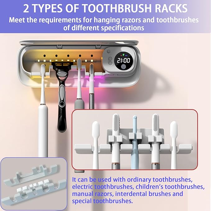 Toothbrush Holder for Bathroom, Smart Toothbrush Holder with Cleaning/Drying/Timing, 5 Toothbrush Slots Wall Mounted Toothbrush Holders with Night Light, Cleaning Case with Replaceable Slot (White)