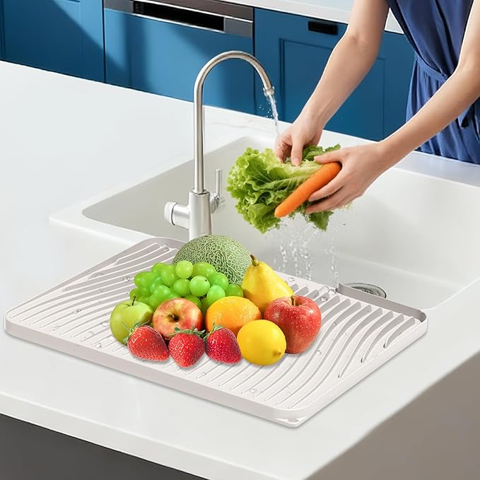 Silicone Dish Drying Mat for Kitchen Counter, 15.8" x 13"Dish Drying Pad, Non-Slip Drain Pad with Built-in Drain, Heat Resistant Stone Drying Mat, Cream