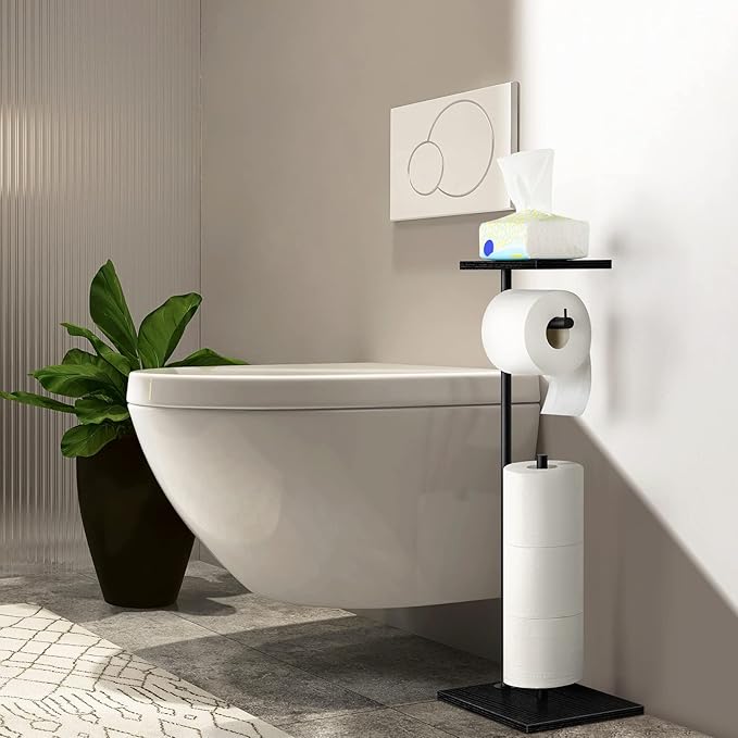 Black Toilet Paper Holder Stand Free Standing Toilet Paper Holder with Shelf Toilet Paper Storage Holder with Reserve for Bathroom Holds Wipe, Mobile Phone, Mega Rolls