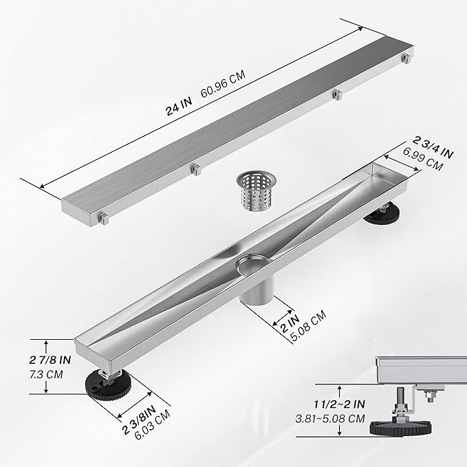 Linear Shower Drain. 24 Inch Shower Trench Drain with 2-in-1 Flat Cover & Inser Cover,304 Stainless Rectangle Steel Shower Floor Drain with Hair Strainer and Leveling Feet (Brushed Nickel, 24 in)