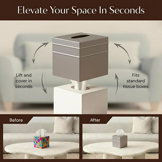 Monarch Abode Tissue Box Cover Square – Handcrafted Border Embossed Pewter Metal Tissue Holder Box for Bathroom Accessory, Aesthetic Decorative Facial Napkin Cube for Modern Home Decor