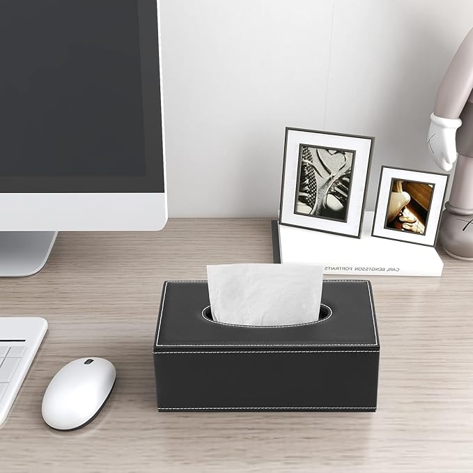 KINGFOM Rectangular PU Leather Tissue Box Cover - Facial Tissue Paper Napkin Holder for Bathroom, Home, Office, Car Automotive Decoration with Magnetic Bottom(Black)