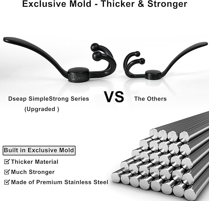 Dseap Over Door Hook 2.0 - Upgraded Version - Simple-Assembly, Strong, Heavy-Duty Stainless Steel 5-Tri-Hook Over The Door Hanger Rack, SimpleStrong Series, Black, Pack of 2