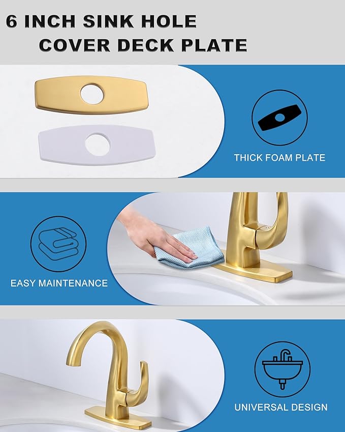 6" Sink Faucet Hole Cover: Deck Plate for Bathroom Vanity Sink - Faucet Brushed Gold Escutcheon Plate Stainless Steel Outside Faucet Cover Cap Rectangle Mixer Tap