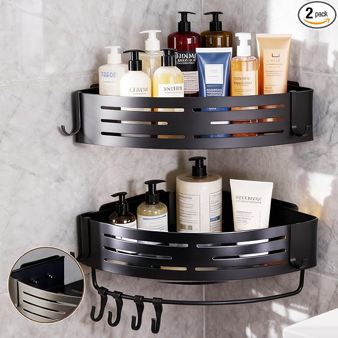 Adhesive Shower Caddy,2 Pack Corner Shower Caddies,Aluminum Shower Shelves,Bathroom Organizer No Drilling Shower Shelves for Bath, Kitchen, Home Storage(Black)