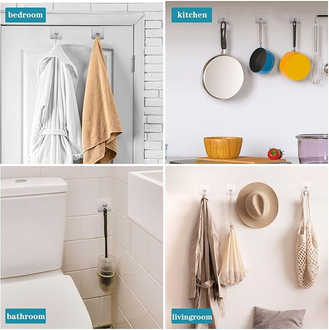 Wall Hooks 33lb(MAX) Heavy Duty Self Adhesive Hooks 20 Pack,Waterproof and Oilproof,Transparent Seamless Strong,Suitable for Bathroom Kitchen