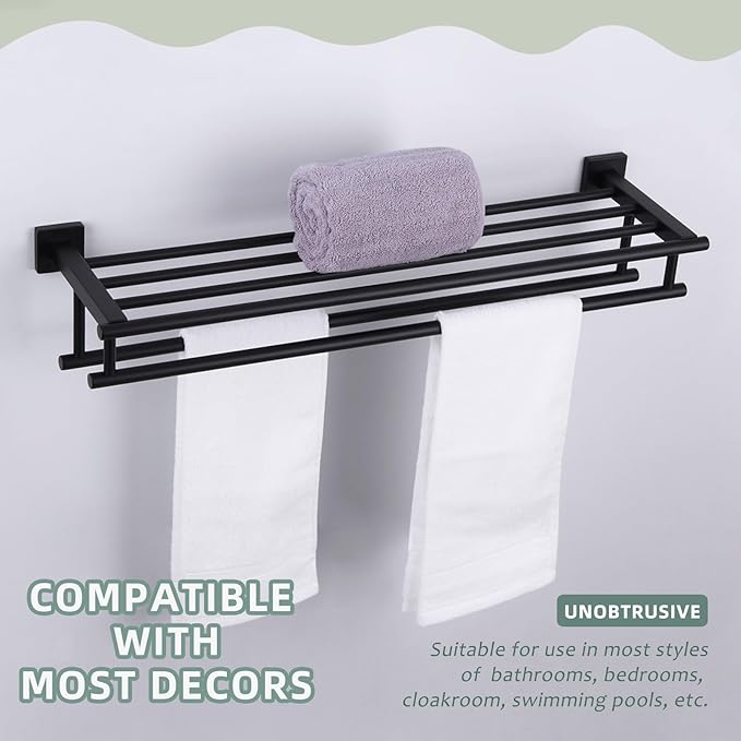 Bath Towel Shelf with 2 Towel Holders, Angle Simple Stainless Steel Bathroom Towel Rack with Towel Bars, Wall Mount Train Rack Matte Black 27.56 Inches