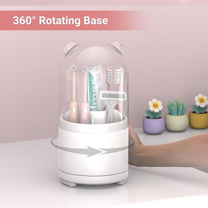 White Toothbrush Holders for Bathroom, Kids Rotating Electric Tooth Brush Holder with Lid, Cute Bathroom Toothpaste and Toothbrush Storage Sink Caddy Organizer Countertop Accessories
