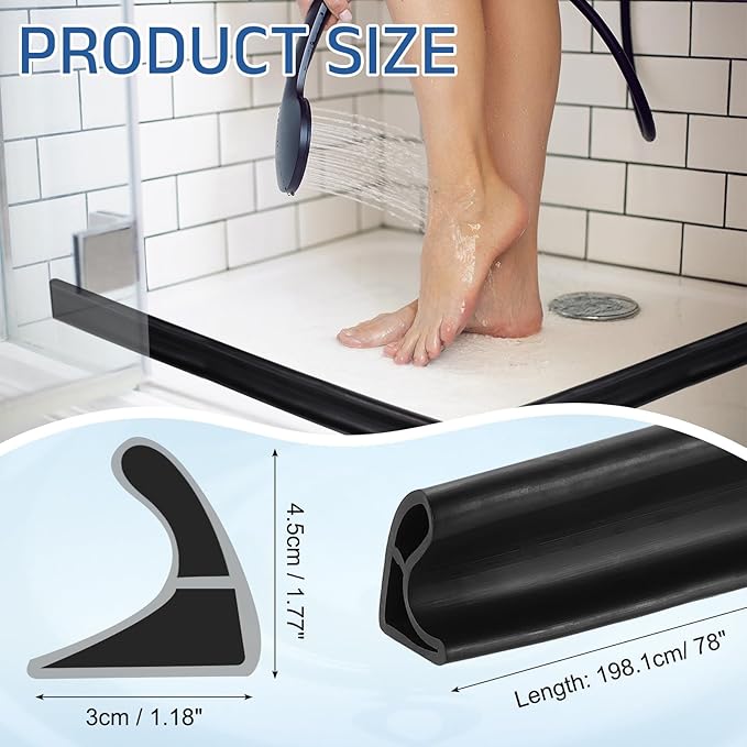 uxcell Shower Water Barrier, 78" TPE Splash Guard Shower Water Stopper Retention System for Bathtub Sink Washing Machine Dry and Wet Separation, 1.18"W x 1.77"H, Black