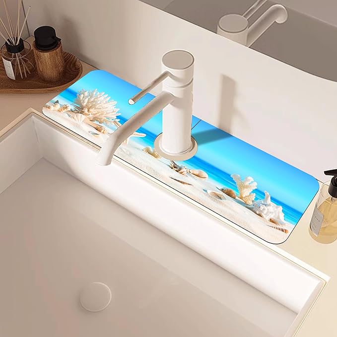 Tropical Beach Seashells Kitchen Sink Splash Guard Absorbent Fast Drying Mat Faucet Draining Mat Behind Faucet Drip Catcher for Kitchen Bathroom 5.5"15"