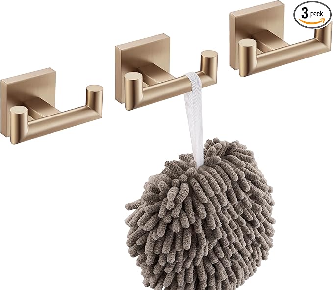 KOKOSIRI Robe Hooks Bath Towel Hooks Bathroom Hardware Double Coat Hooks Wall Mounted, 3 Pack Champagne Bronze Stainless Steel B1015CPG-P3