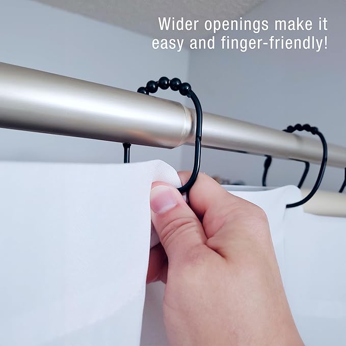 2 Lb. Depot Wide Shower Curtain Ring - Set of 12 Easy Glide and Rust-Proof Rollers - Stainless Steel Shower Curtain Hooks Black for Straight and Curved Rods - Decorative and Durable for Any Bathroom