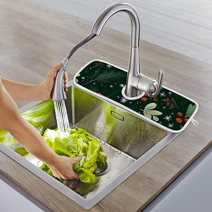 Sink Faucet Absorbing Mat Kitchen Sink Splash Guard Splash Faucet Drip Catcher for Bar RV Bathroom 2PCS 23.6x5.5in Green Christmas Holly Berries Pine Needles Leaves
