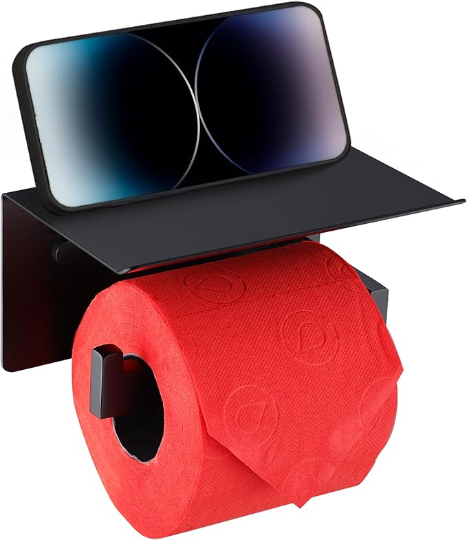 LANC Black Toilet Paper Holder with Shelf, Adhesive or Screw Toilet Paper Roll Holder with Phone Shelf for Bathroom Kitchen Wall Mounted, Stainless Steel TP Holder,Matte Black Left, A8367MB-LF
