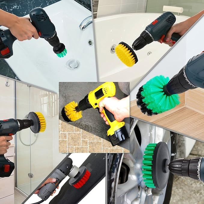 10 Piece Drill Brush Attachments: 5 inch Drill Brushes & Scouring Pads & Suction Cup - Clean Tough Dirt - for Marble/Granite Tile, Grout, Rim, Kitchen Sink,Carpet, Coated Doors, Fiberglass Tubs