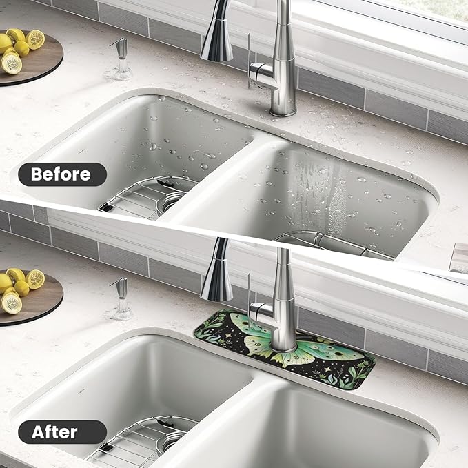 Butterfly Moon Garden 15" X 5.5" Kitchen Sink Splash Guard, Faucet Guard Draining Mat, Faucet Suction Pad For Kitchen Bathroom