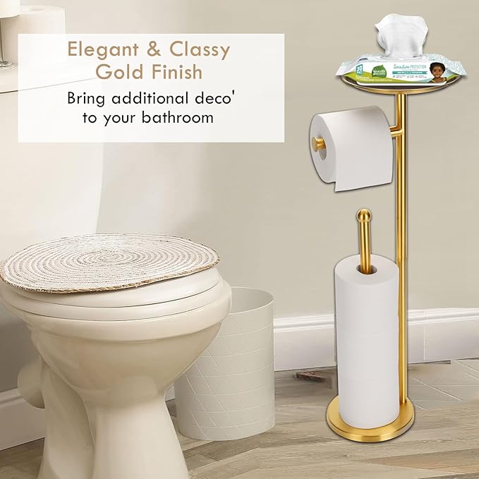 Toilet Paper Holder Freestanding with Big Shelf, 4 Rolls Reserve Paper Holder Stand, Modern Paper Roll Holder with Storage Space for Phones (Gold)
