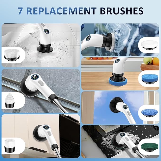 Electric Spin Scrubber Upgraded Battery with Extra-Long Runtime, IPX7 Waterproof Power Cleaner with 7 Brush Heads, 2 Speeds Adjustable Long Handle for Bathroom, Floor, Shower, Tile & Kitchen Cleaning