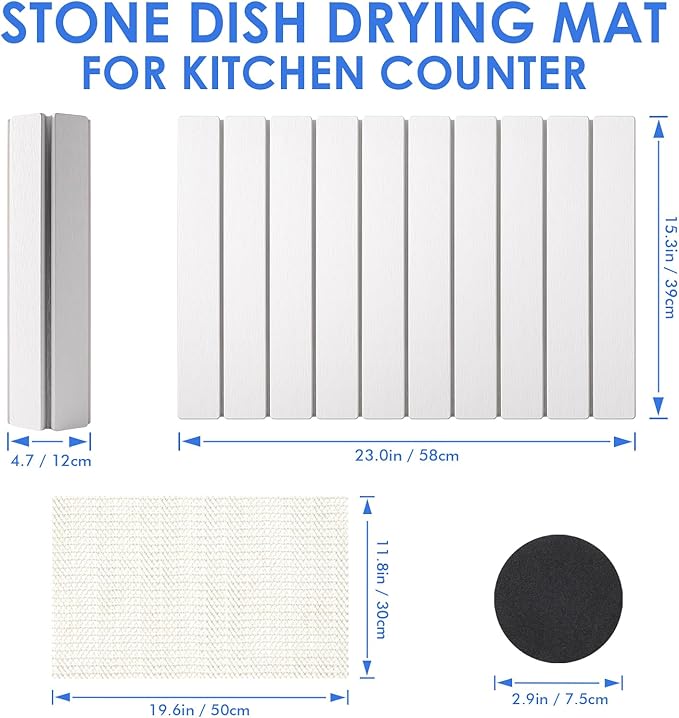 Stone Drying Mat for Kitchen Counter, Large Quick Dry Stone Dish Drying Mat Collapsible, Foldable Diatomaceous Earth Absorbent Bath Mat for Dishes Utensils Countertop Bathroom 23"(L)×15.3"(W)