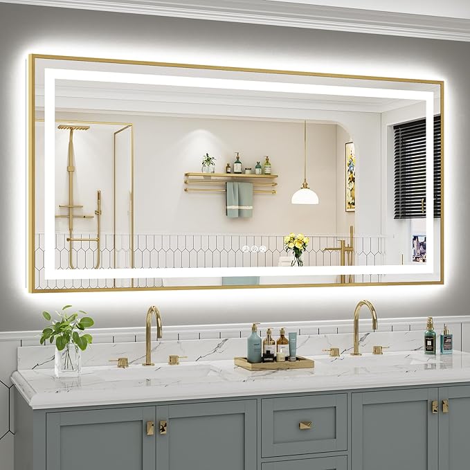 72x36 Inch LED Bathroom Mirror with Gold Frame, Backlit & Front Lit, Anti-Fog Lighted Bathroom Vanity Mirror for Wall, Memory Function, Dimmable, HD Tempered Glass, Shatter-Proof