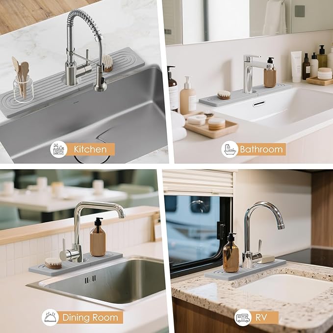 20''x4.8''Long Stone Faucet Mat for Kitchen Sink,Diatomite Quick Dry Kitchen Sink Splash Guard,Drying Stone Sink Tray,Super Absorbent,Sink Stone Quick Dry Around Faucet For Bathroom Counter-Light Grey