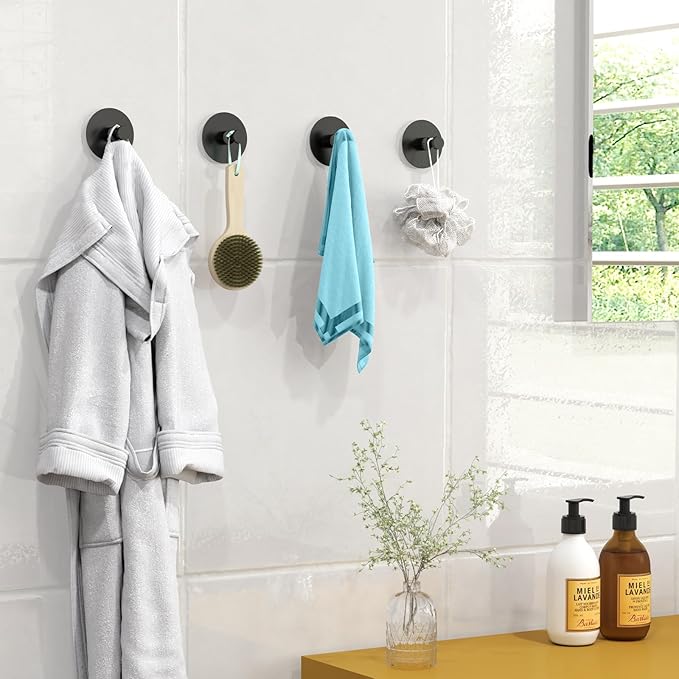Adhesive Hooks for Walls No Damage 4 PCS, Heavy Duty Aluminum Strong Adhesive Towel Hooks for Bathrooms for Inside Shower for Hanging Loofah, Clothes, Robes