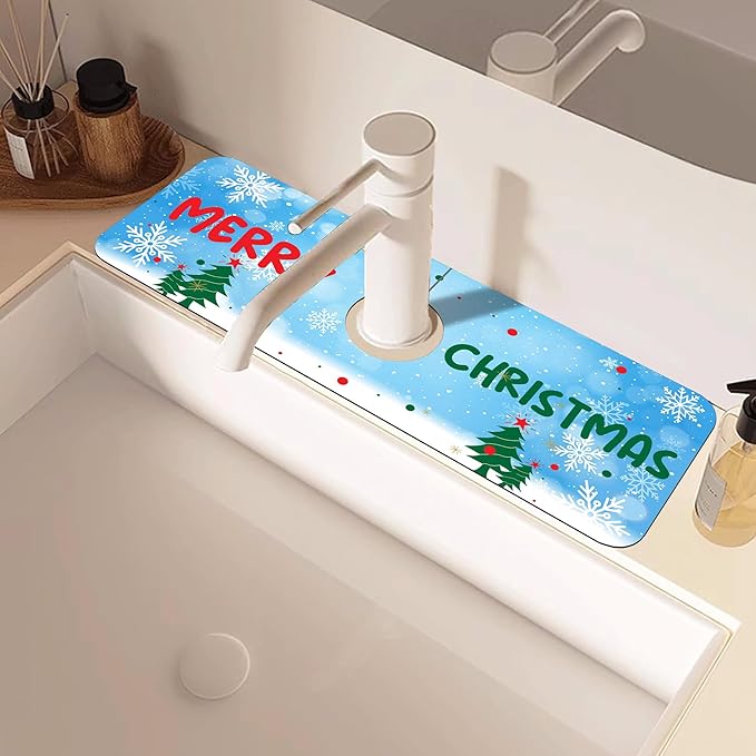 Christmas Tree Snowflakes Dish Drying Mat for Kitchen Sink Splash Guard Behind Faucet Sink Mat Absorbent Fast Drying Faucet Draining Mat for Bathroom Kitchen 5.5"×15"