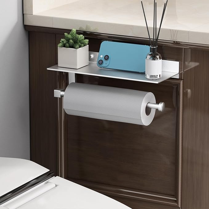 Danpoo Wall Mount Paper Towel Holder with Shelf for Bathroom/Kitchen, Adhesive Hand Towel Holder, Matte Silver
