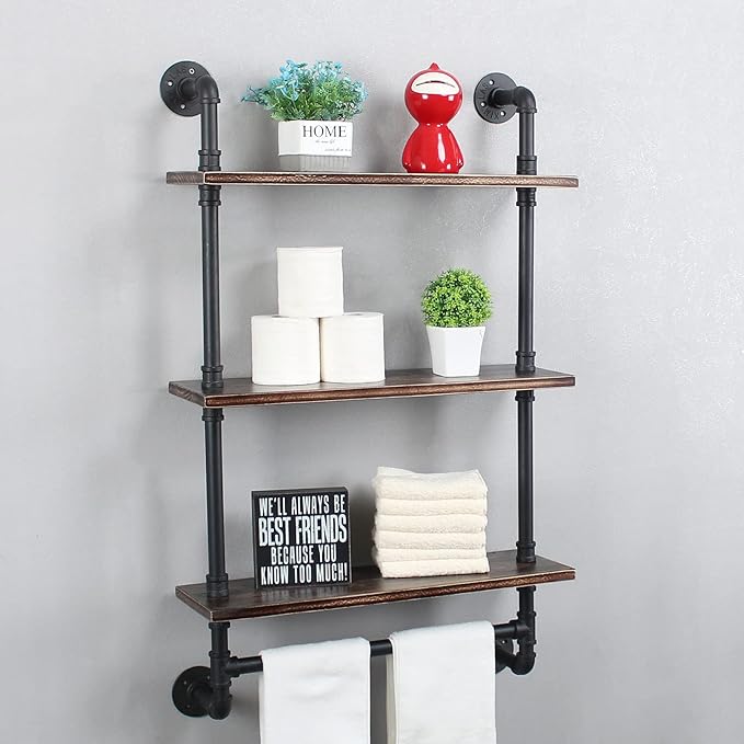 MBQQ Iron Pipe Shelves Industrial Bathroom Shelves with Towel bar,24in Rustic Metal Pipe Floating Shelves Pipe Wall Shelf,3 Tier Industrial Shelf Wall Mounted,Retro Black