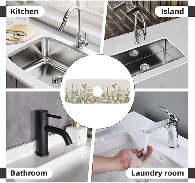Vintage Color Plants Herbs Floral Kitchen Sink Splash Guard Faucet Mat 1 Pcs, Absorbent Fast Drying Mat Gadgets Splash Guard For Bathroom 15 X 5.5 Inches
