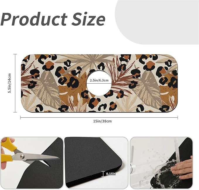 Kitchen Sink Splash Guard，Tropical leaves leopard print Faucet Mat Sink Gadgets-Super Absorbent Fast Drying Mat Drip Catcher for Kitchen, Bathroom,Sink Mat, Dish Drying Mat, Bathroom(15" X 5.5" )