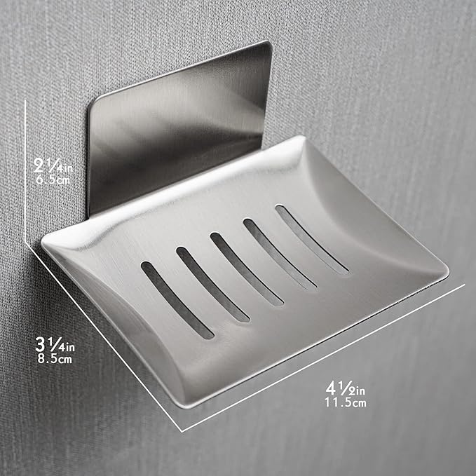 2 Pack Soap Dish for Shower Wall, Stainless Steel Adhesive Soap Holder for Bathroom, 5 Slot Sponge Holder for Kitchen Sink, Bar Soap Tray with Drain Silver