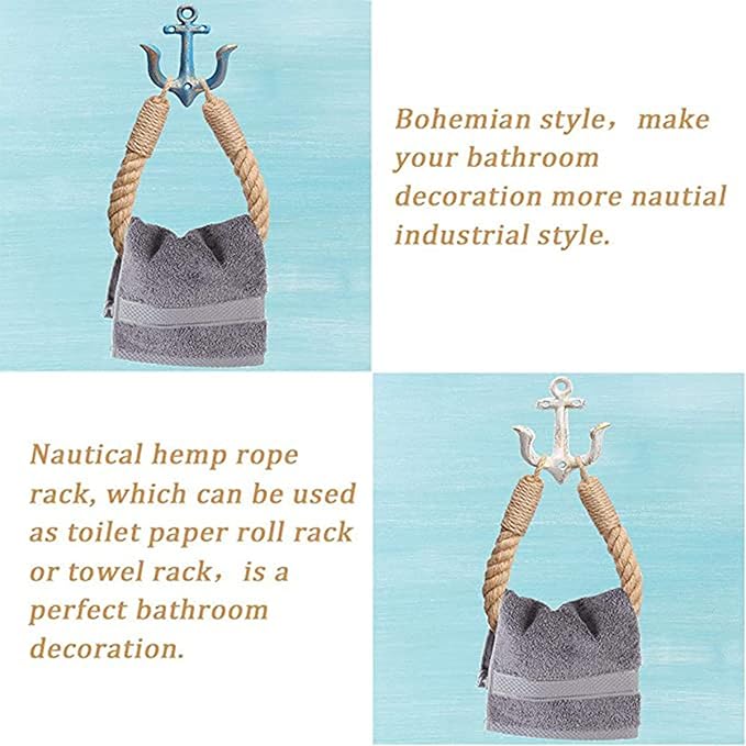 2 Pcs Nautical Toilet Paper Holder Rustic-Industrial Wall-Mounted Nautical Toilet Paper Towel Ring with Metal Hook for Bathroom Decor(Blue+White)