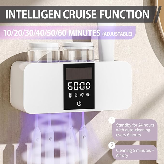 Toothbrush Cleaner & Toothbrush Holders Wall Mounted Cleaning and Air Drying LED Smart Screen and Timer Function Rechargeable Cordless Tooth Brushing Holder for Bathrooms(White)