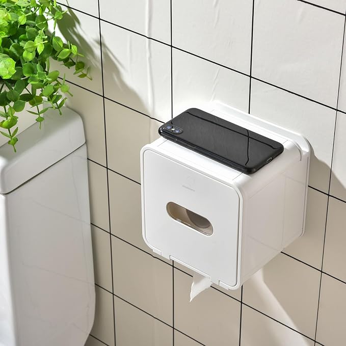 simpletome Toilet Paper Holder Wall Mount with Shelf Waterproof Adhesive or Drilling Install (White, ABS Plastic)