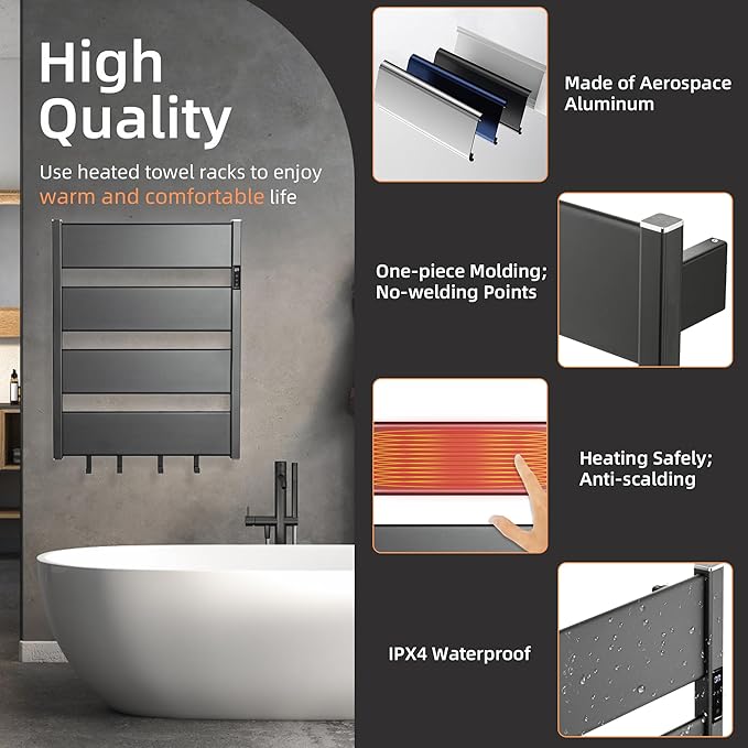 K&KALONZO Towel Warmer for Bathroom, Wall-Mounted Heated Towel Rack with Built-in Timer, Waterproof Alumnimum Electric Towel Heater, Support Plug-in and Hardwired, Black, H4-B