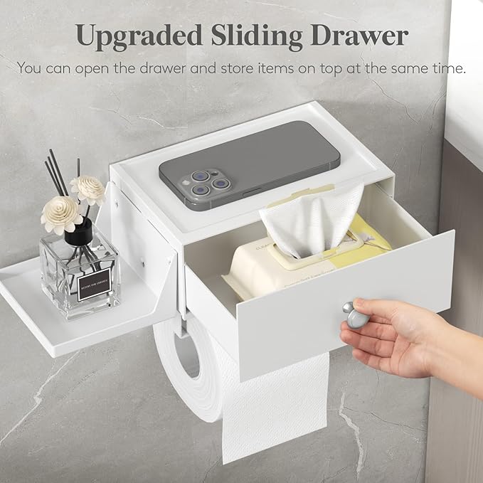 Lifewit Toilet Paper Holder with Shelf and Drawer, Screw or Adhesive Wall Mount Tissue Roll Storage, Dustproof & Flushable Bathroom Wipes Dispenser Organizer, White, 1 Pack