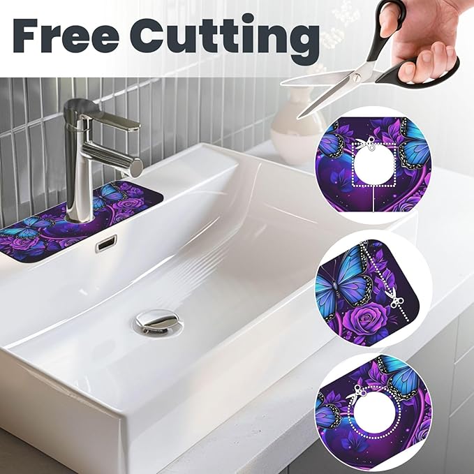 Butterfly Heart Roses 15" X 5.5" Kitchen Sink Splash Guard, Faucet Guard Draining Mat, Faucet Suction Pad For Kitchen Bathroom