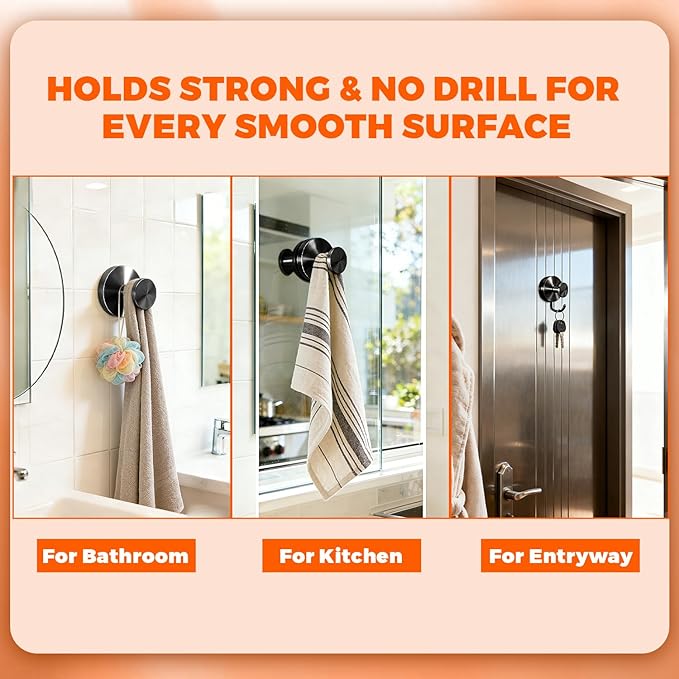 2026 Upgraded Suction Cup Hooks with Strong Grip | No Drill Hangers for Glass Shower Door, Mirror & Tiles | Heavy Duty 10 lbs Hold for Bathroom, Kitchen & Wall | 6 Pack, Black