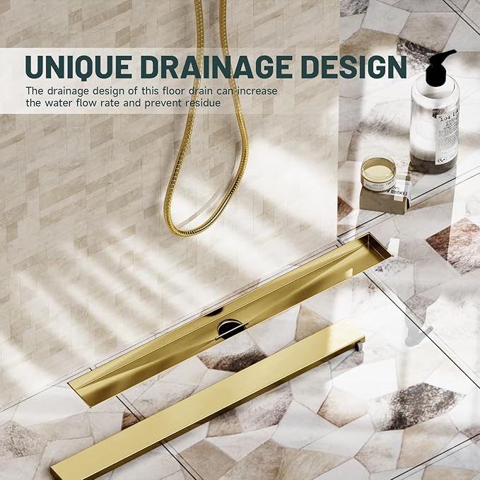 24-Inch Linear Shower Floor Drain, Stainless Steel Bathroom Floor Drains, Rectangular Shower Trench Floor Drain, Hair Strainer, Brushed Gold