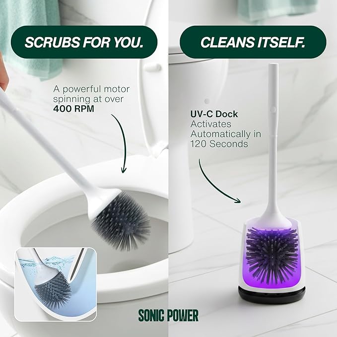 Electric Toilet Brush & Scrubber – Self Cleaning Silicone Toilet Bowl Brush with UVC Light, Rechargeable Wireless Spinning Toilet Brush & Holder Set, Wall Mount or Floor Standing (Pack of 1)