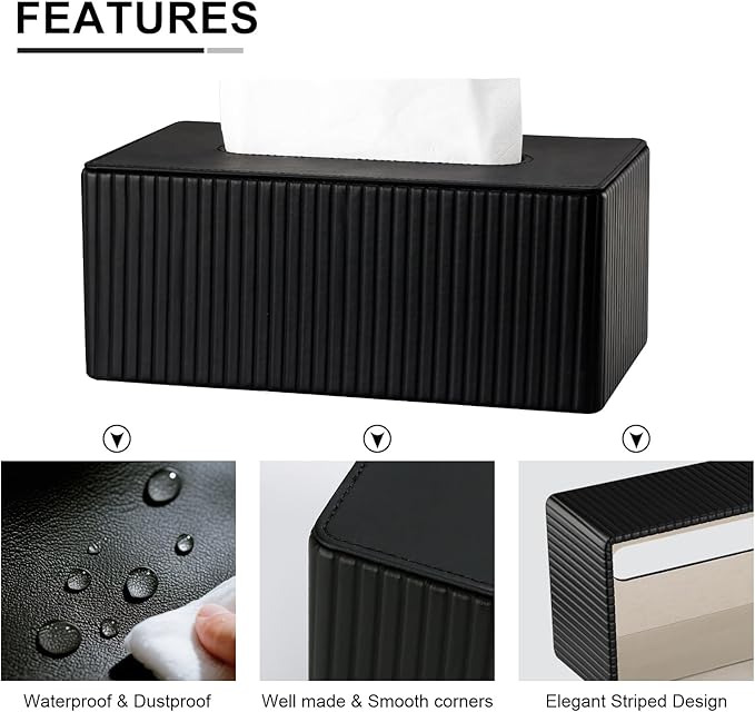 KINGFOM PU Leather Tissue Box Cover Rectangular Tissue Box Holder with Magnetic Bottom, Napkin & Facial Tissue Holder Dispenser for Home, Office (Decorative Pattern-PU Leather, Black Stripe)