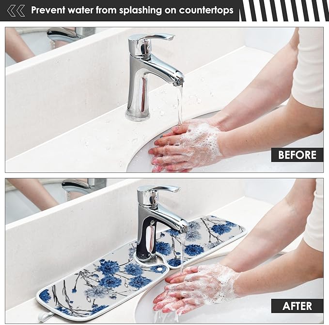 2 PCS Kitchen Sink Splash Guard 23.6 Inch Faucet Mat for Kitchen Sink Bathroom Sink Faucet Absorbing Drip Drain Mat Pad Microfiber Soft Washable Watercolor Blue Cornflower Daisy Butterflies
