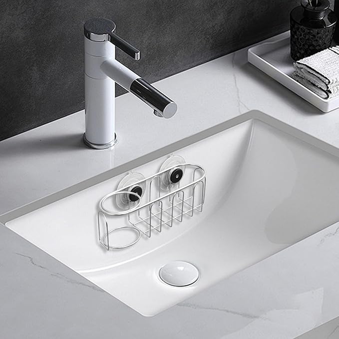 Sink Sponge Holder, Magnetic Kitchen Sink Caddy Holder, 304 Stainless Steel Sink Brush Holder+Sponge Holder, Two Suspension Modes, Sink Drain Frame- Silver (Traceless suction cup)
