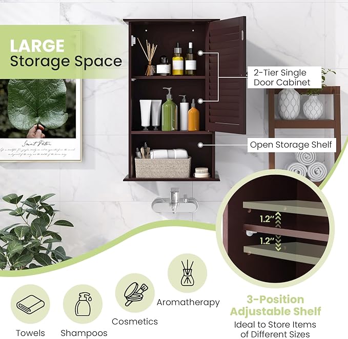 Tangkula Medicine Cabinet, Wall Mounted Bathroom Cabinet Single Door Wooden Bathroom Wall Cabinet with Adjustable Shelf (Brown)