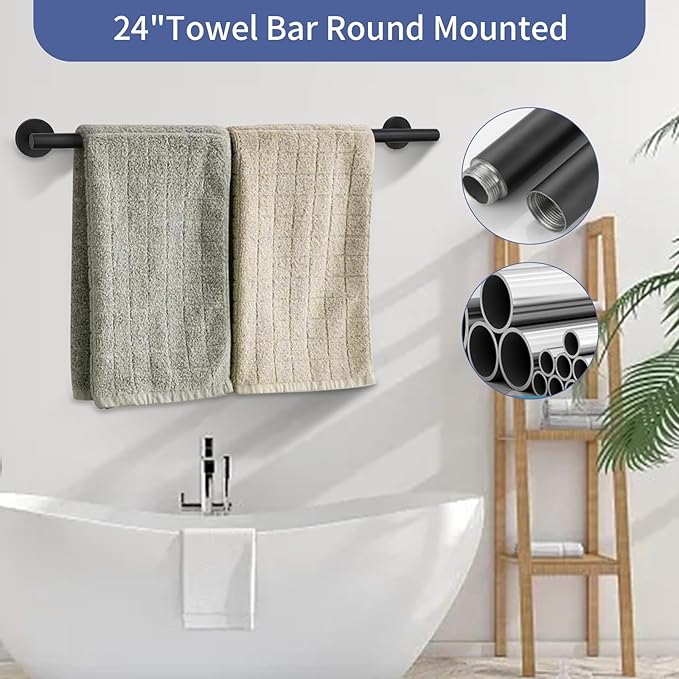 5-Pieces Matte Black Bathroom Hardware Accessories Set,SUS304 Stainless Steel 24-Inch Towel Bar Set, Modern Towel Racks Holder for Bathroom Wall Mounted
