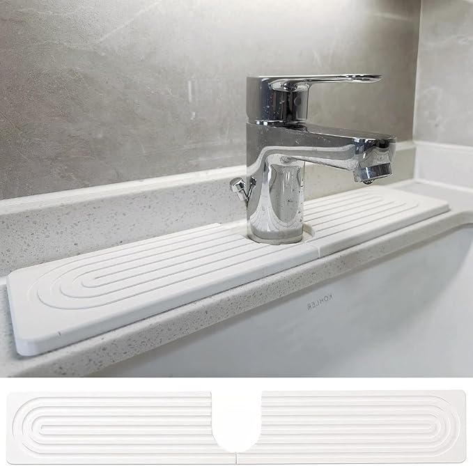 16 Inch Stone Faucet Mat for Kitchen Sink, Diatomite Fast Drying Mat for Kitchen Counter, Water Absorbent Faucet Sink Splash Guard with Raised Feet, Bathroom Counter Protector (White, 15.75"x3.93")