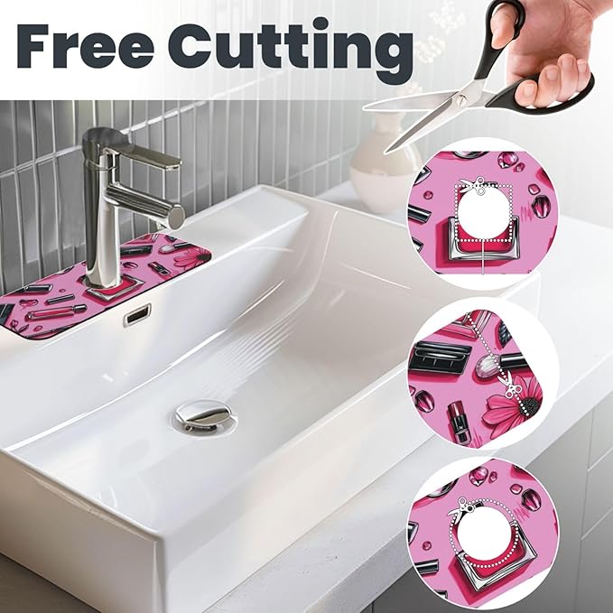 Beauty Makeup Set Pink 15" X 5.5" Kitchen Sink Splash Guard, Faucet Guard Draining Mat, Faucet Suction Pad For Kitchen Bathroom
