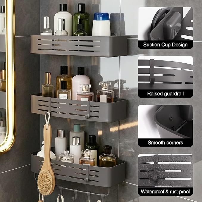 3-Tier No-Drill Storage Caddy with Hooks&Towel Bar,Organizing Solution for Bathroom,Shower&Kitchen,Holds Shampoos,Soaps,Sponges&Cleaners,Rectangle